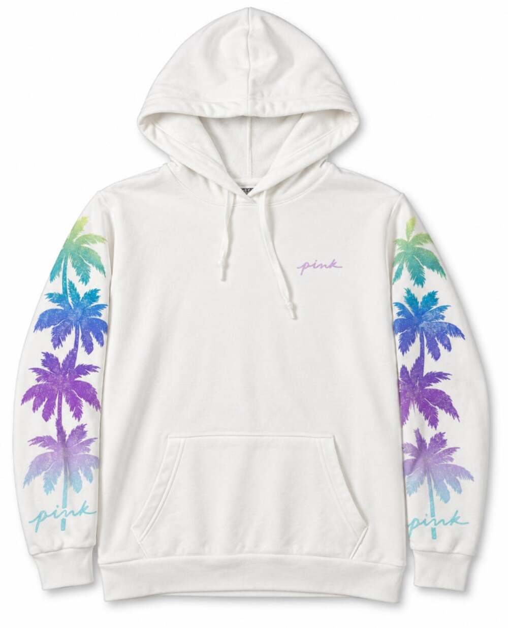 Victoria's Secret PINK White Palm Tree Glitter Neon Graphic Hoodie Size L NWOT